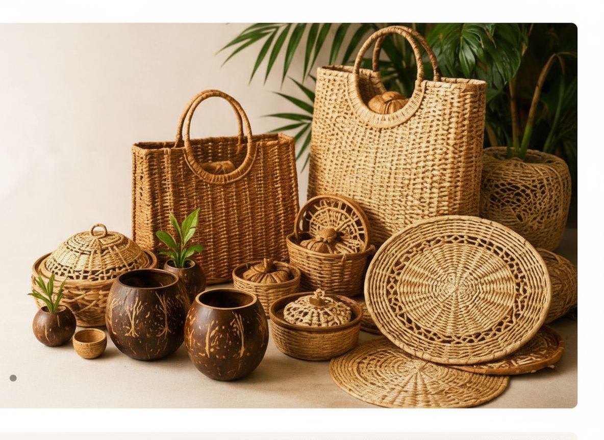 Handcrafted cane baskets, coconut shell bowls, and woven mats