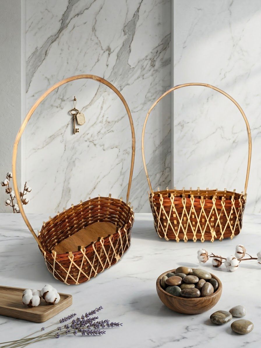 Flower Basket, Basket Woven Natural Reed Wood